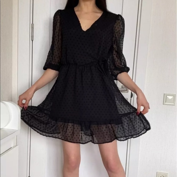 Black SwissDot Side Tie Ruffle Mini Jumpsuit Dress - Picture 11 of 13